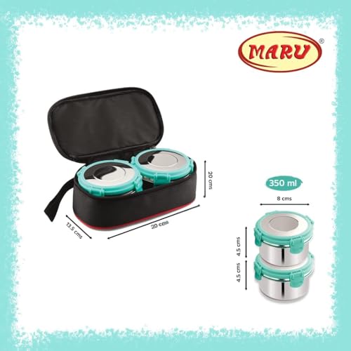 MARU Stainless Steel Lunch Box Set of 2, 350ML - Leakproof Tiffin with Insulated Bag for Kids & Adults, Perfect for School & Office Use, Muti-Containers Compartment for Foods, Snacks & Fruits - Image 2