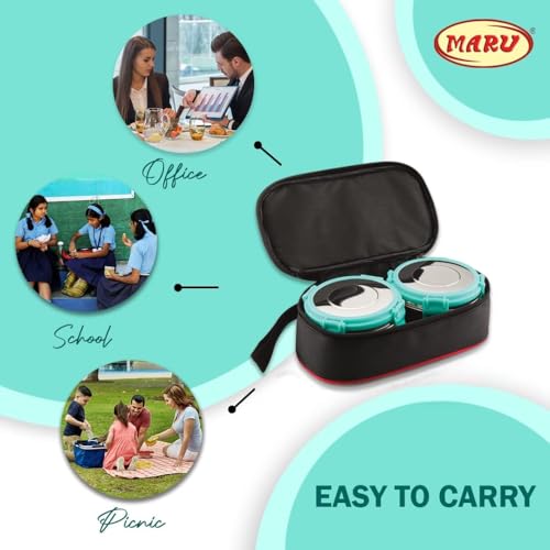 MARU Stainless Steel Lunch Box Set of 2, 350ML - Leakproof Tiffin with Insulated Bag for Kids & Adults, Perfect for School & Office Use, Muti-Containers Compartment for Foods, Snacks & Fruits - Image 3