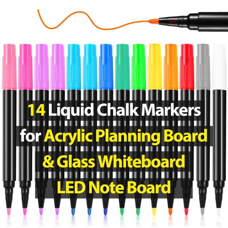 OORAII Liquid Chalk Markers for Acrylic Calendar Planning Board LED Note Board Clear Glass Dry Erase Whiteboard Window Mirror Christmas Holidays Painting, 14 Pack, 12 Vibrant Colors, 1mm Fine Points - Image 1