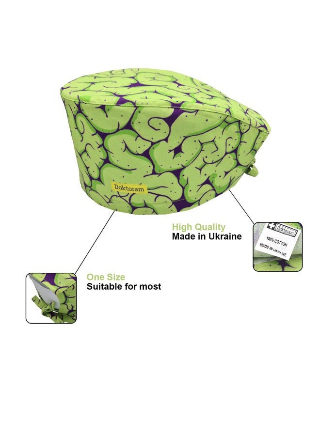 DOKTORAM Working Cap with Sweatband Adjustable Tie Back Funny Hats for Women and Mens Caps Cotton Unisex Skull Cap Cute Print, Green Brain, One size - Image 2