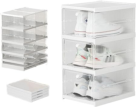 LEVGRY Shoe Boxes Clear Plastic Stackable Shoe Storage Organizer Boxes Easy Installation All in One Shoe Box with Doors 6 Tier Foldable Shoe Box Space Saving for Closet Entryway Containers Bins - Image 1