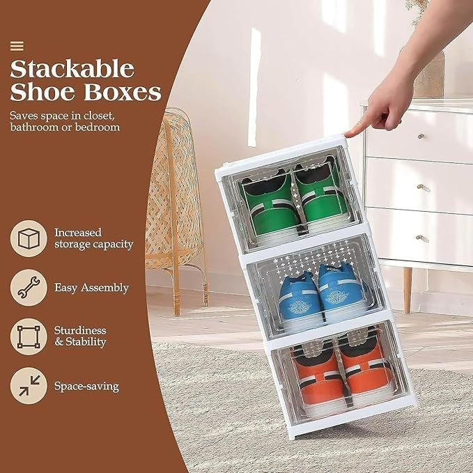 LEVGRY Shoe Boxes Clear Plastic Stackable Shoe Storage Organizer Boxes Easy Installation All in One Shoe Box with Doors 6 Tier Foldable Shoe Box Space Saving for Closet Entryway Containers Bins - Image 4