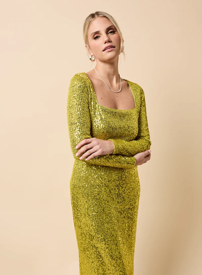 Little Mistress Sequin Detail Square Neck Maxi Dress