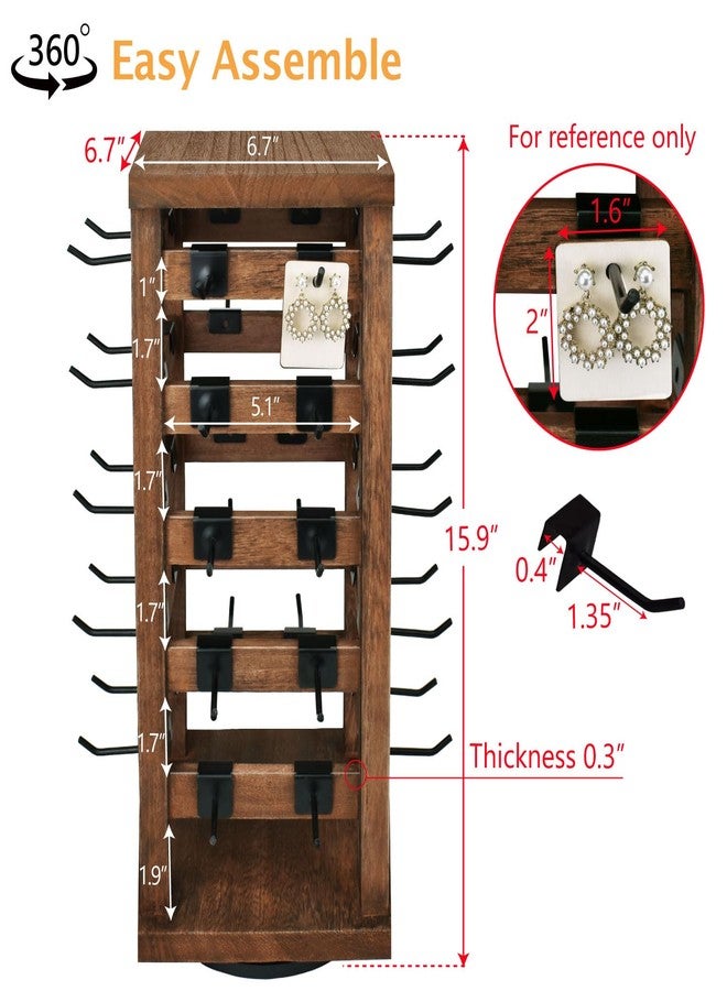 Ikee Design 5 Tiers Easy Assemble Wood Rotating Jewelry Display Tower with 42 Removable Hooks,Spinning Earring Card Storage Display Stand for Store, Showcase, Tradeshow and Home,Brown Color - Image 2