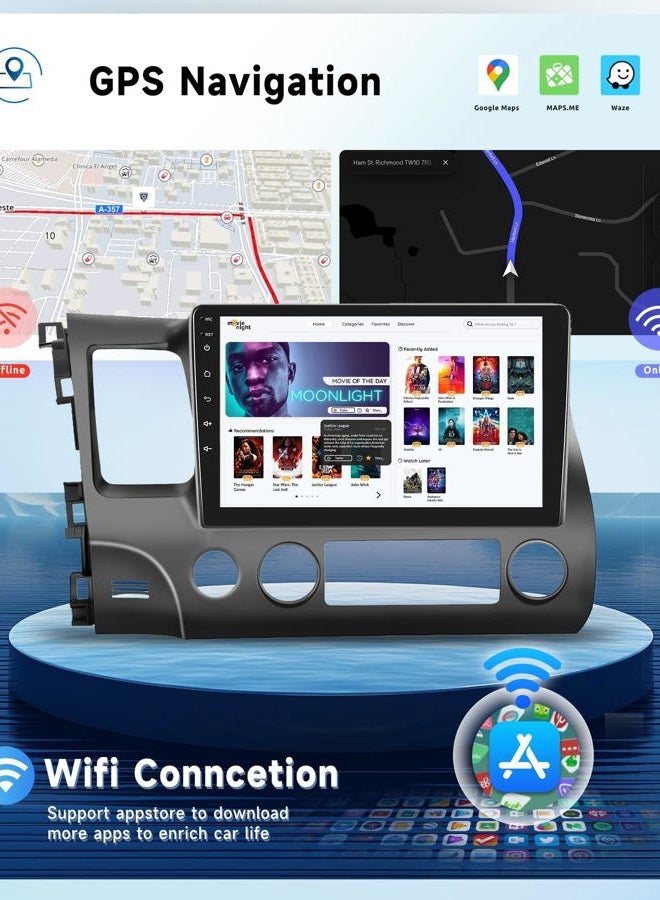 Podofo 2G+64G Car Stereo Radio for Honda Civic 2006-2011 with Wireless CarPlay Android Auto, 10.1 Inch Android 13 Touch Screen Head Unit, HiFi Audio GPS Navigation WiFi Bluetooth SWC HD Backup Camera - Image 4