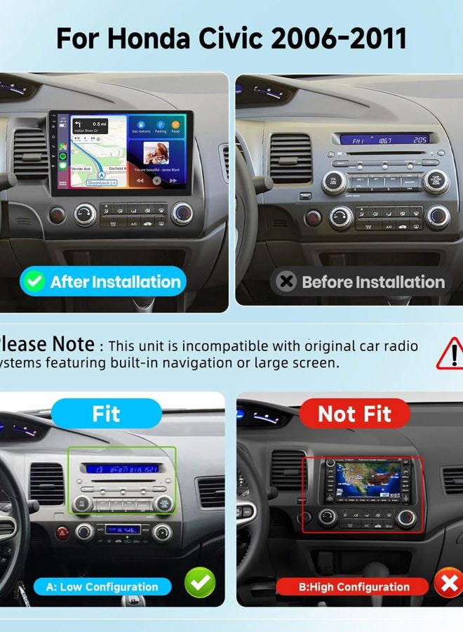 Podofo 2G+64G Car Stereo Radio for Honda Civic 2006-2011 with Wireless CarPlay Android Auto, 10.1 Inch Android 13 Touch Screen Head Unit, HiFi Audio GPS Navigation WiFi Bluetooth SWC HD Backup Camera - Image 2