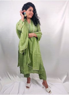PRIYA’S PANACHE PRIYA'S PANACHE Green Muslin Collared Straight Kurta Pant Organza Dupatta Set - Designer Festival Traditional Ethnic Indian Partywear For Women  - Image 1