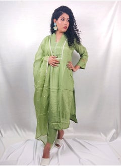 PRIYA’S PANACHE PRIYA'S PANACHE Green Muslin Collared Straight Kurta Pant Organza Dupatta Set - Designer Festival Traditional Ethnic Indian Partywear For Women  - Image 2