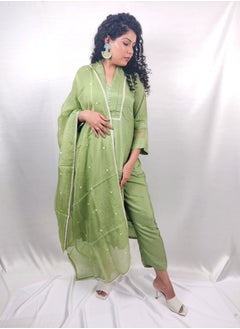 PRIYA’S PANACHE PRIYA'S PANACHE Green Muslin Collared Straight Kurta Pant Organza Dupatta Set - Designer Festival Traditional Ethnic Indian Partywear For Women  - Image 3