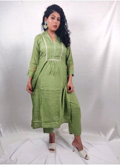 PRIYA’S PANACHE PRIYA'S PANACHE Green Muslin Collared Straight Kurta Pant Organza Dupatta Set - Designer Festival Traditional Ethnic Indian Partywear For Women  - Image 4