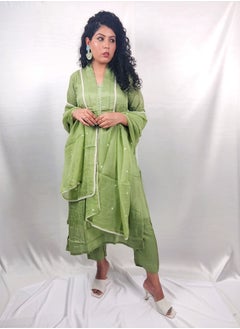 PRIYA’S PANACHE PRIYA'S PANACHE Green Muslin Collared Straight Kurta Pant Organza Dupatta Set - Designer Festival Traditional Ethnic Indian Partywear For Women  - Image 5