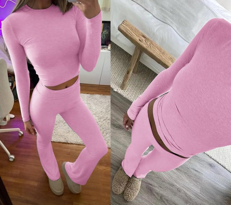 ZFLM Casual Workout Two Piece Outfits Long Sleeve High Waist Fold-Over Flared Leggings Pants Tracksuit Sets Streetwear - Image 3