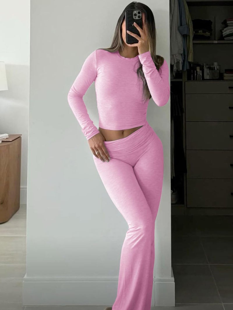 ZFLM Casual Workout Two Piece Outfits Long Sleeve High Waist Fold-Over Flared Leggings Pants Tracksuit Sets Streetwear - Image 4