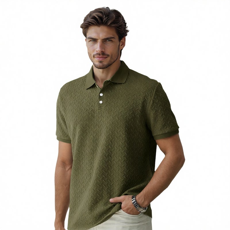 Men's Heavyweight Jacquard Notch Lapel Casual Business Polo Shirt Short Sleeve - Image 1