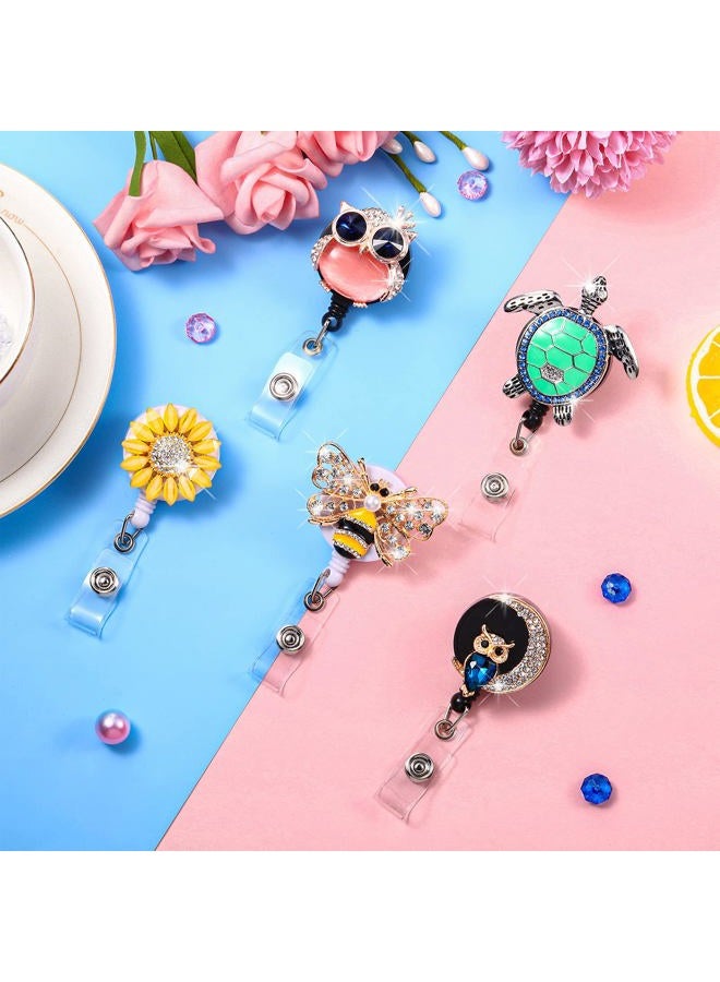 Outus 5 Pieces Crystal Badge Reels Retractable Rhinestone Badge Holder ID Name Badge Reels with Alligator Swivel ID Badge Clip for Teacher Worker Nurse Gift (Turtle, Bee, Owl, Flower) - Image 5
