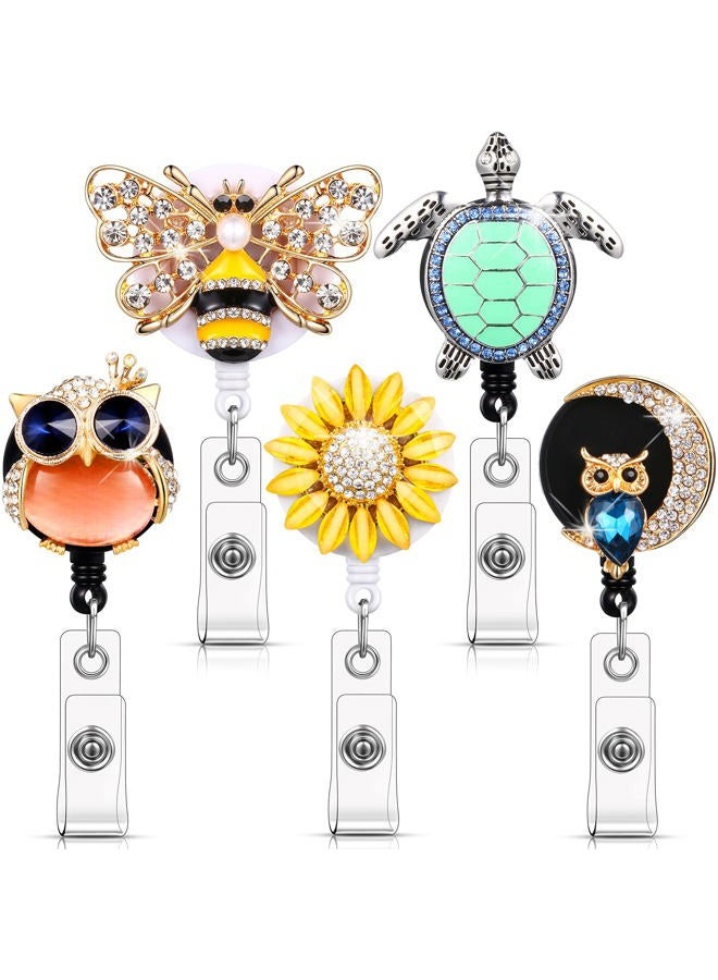 Outus 5 Pieces Crystal Badge Reels Retractable Rhinestone Badge Holder ID Name Badge Reels with Alligator Swivel ID Badge Clip for Teacher Worker Nurse Gift (Turtle, Bee, Owl, Flower) - Image 1