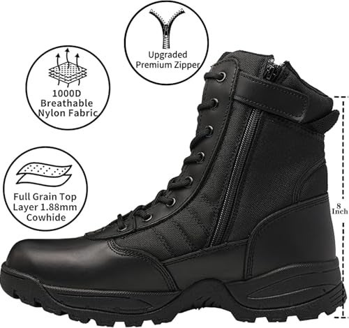 WIDEWAY Men's Tactical Military Work Boots Black Waterproof Leather Motorcycle Combat Army Boot w/Side Zipper slip resistant and All Day Comfortable (6-8inch) - Image 2