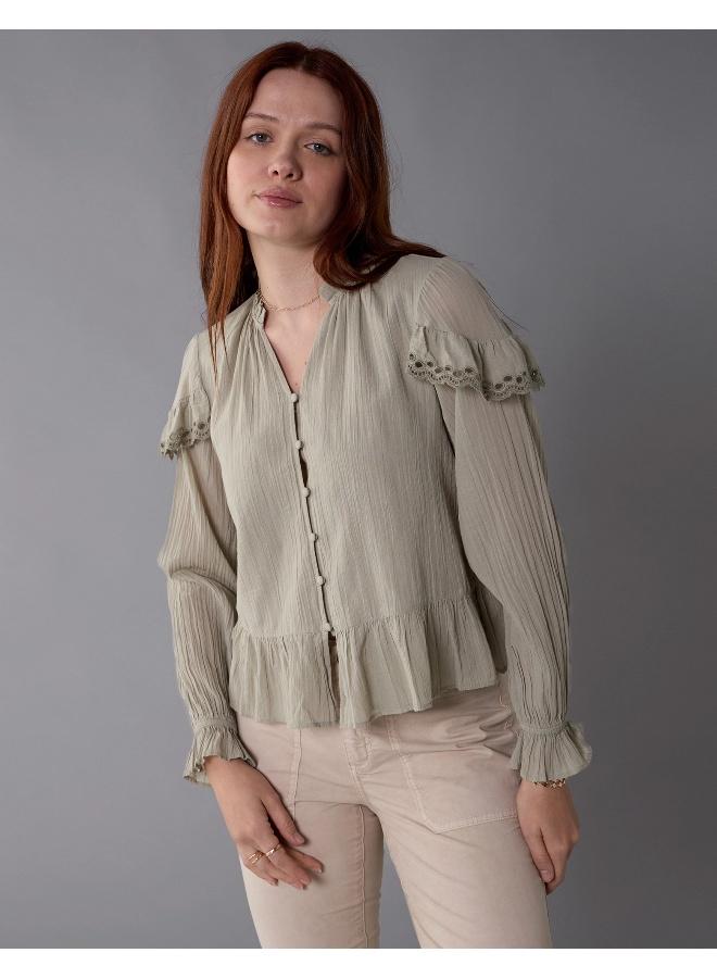 American Eagle AE Long-Sleeve Ruffle Peasant Blouse - Image 1