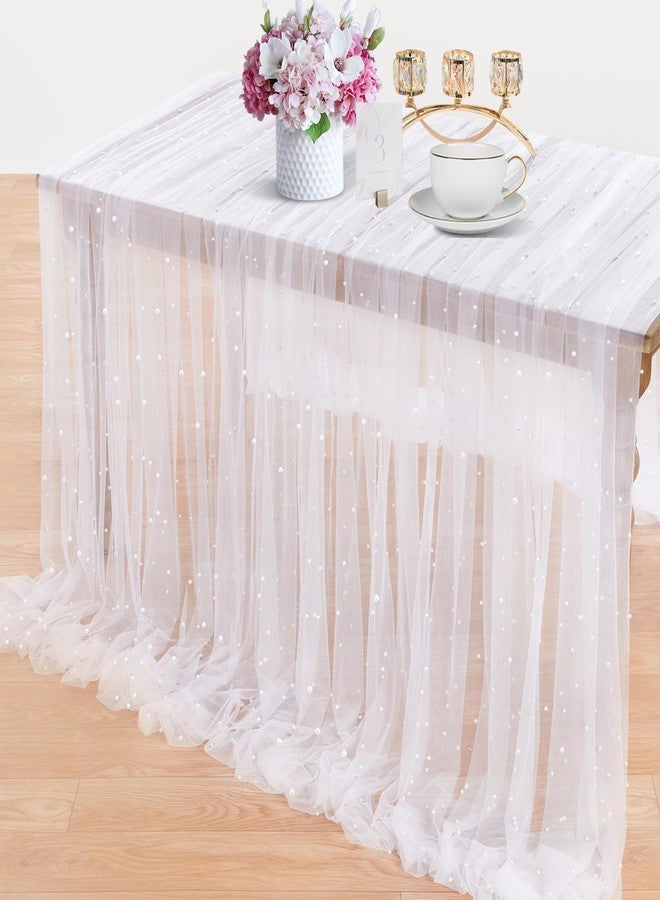 LuoluoHouse Pearl Table Runner Wedding Decorations: 3 Pieces 10ft White Table Cloth Decor Tulle Lace Fabric for Bridal Veil Wedding Arch Party Sweetheart Table Decor 60x120 Inch - Image 1