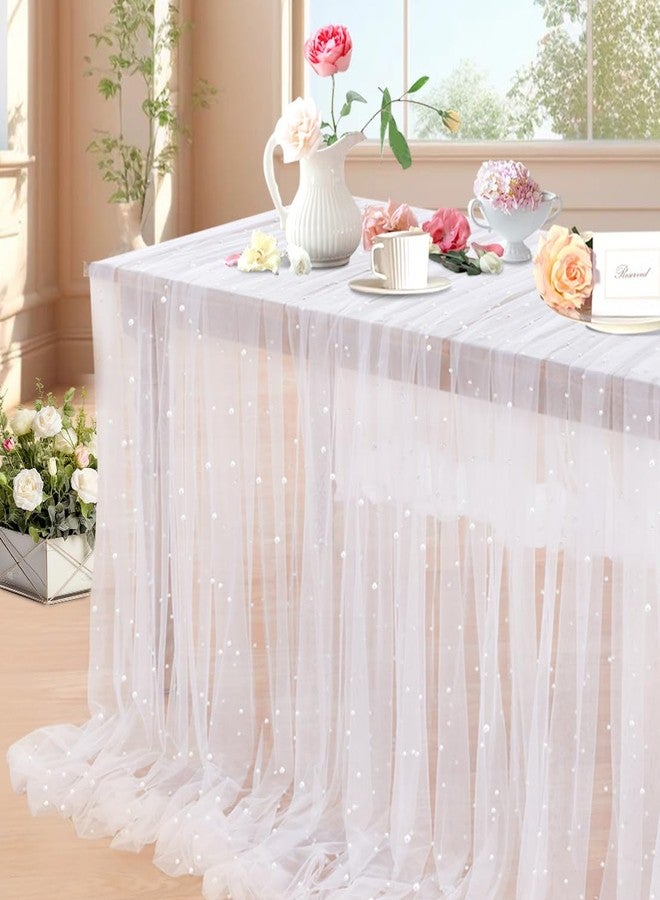 LuoluoHouse Pearl Table Runner Wedding Decorations: 3 Pieces 10ft White Table Cloth Decor Tulle Lace Fabric for Bridal Veil Wedding Arch Party Sweetheart Table Decor 60x120 Inch - Image 3