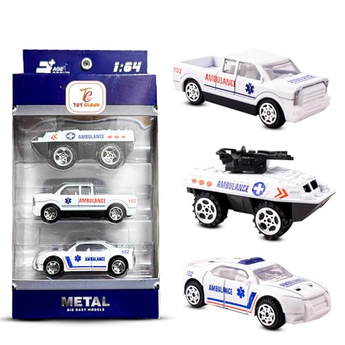 Toy Cloud Free Wheel Die-Cast Metal Ambulance Vehicle Set of 3, 1:64 Scale Model Vehicles Toys (Armored Truck, Pick-Up Truck, and Sports Car) - Image 1