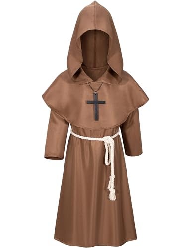 Irtysh Kids Medieval Renaissance Monk Costume Priest Friar Wizard Cloak Hooded Robe Cosplay Costume Belt Necklace SetBW 150 - Image 5