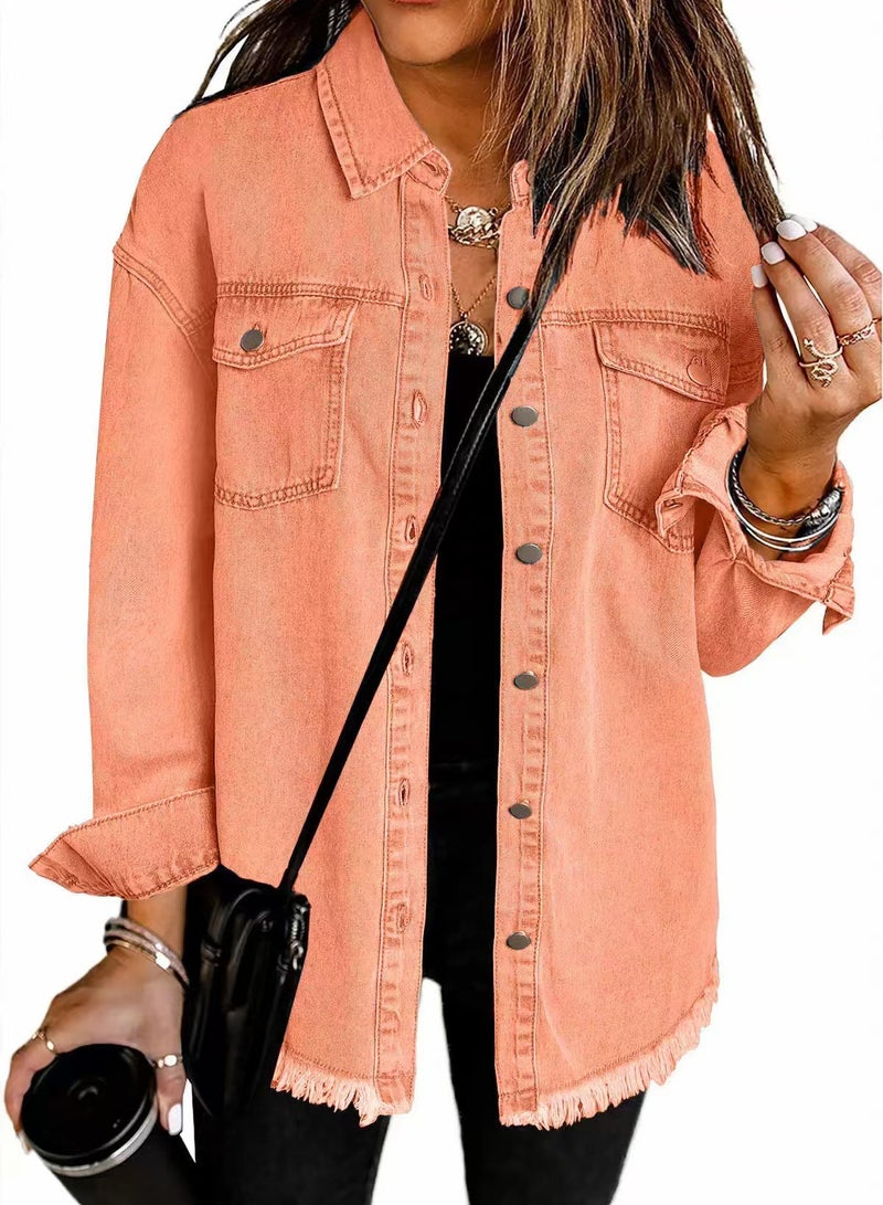 Cross-border New Washed Denim Shirt Jacket 2024 European and American Womens Autumn and Winter Distinctive Street Style Edge Hem Jacket Orange red