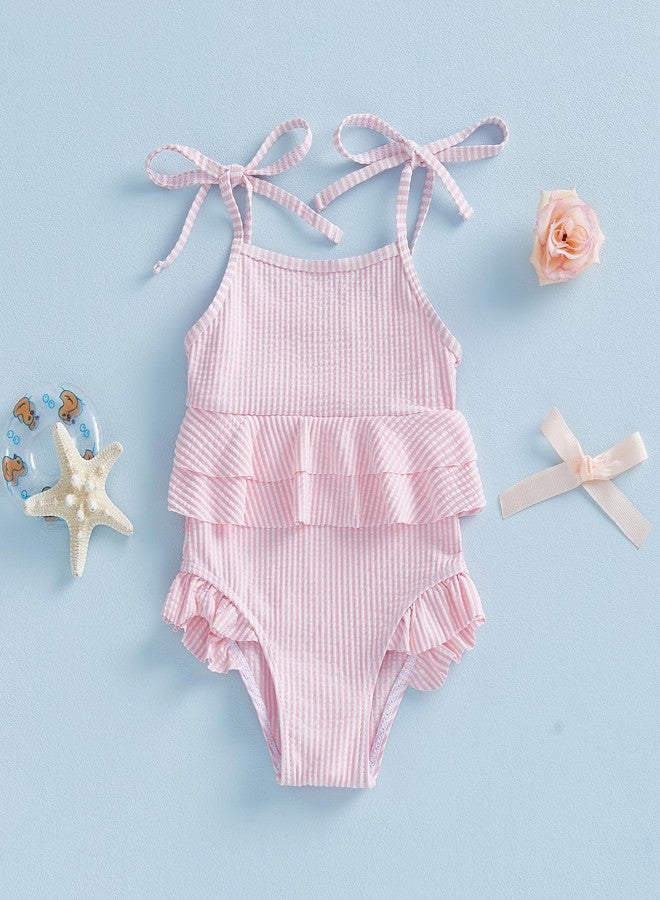 Multitrust Infant Baby Girl Stripe Swimsuit Sling Adjustable One Piece Bathing Suit Ruffled Toddler Girls Beach Swimwear (Pink, 2-3T) - Image 2