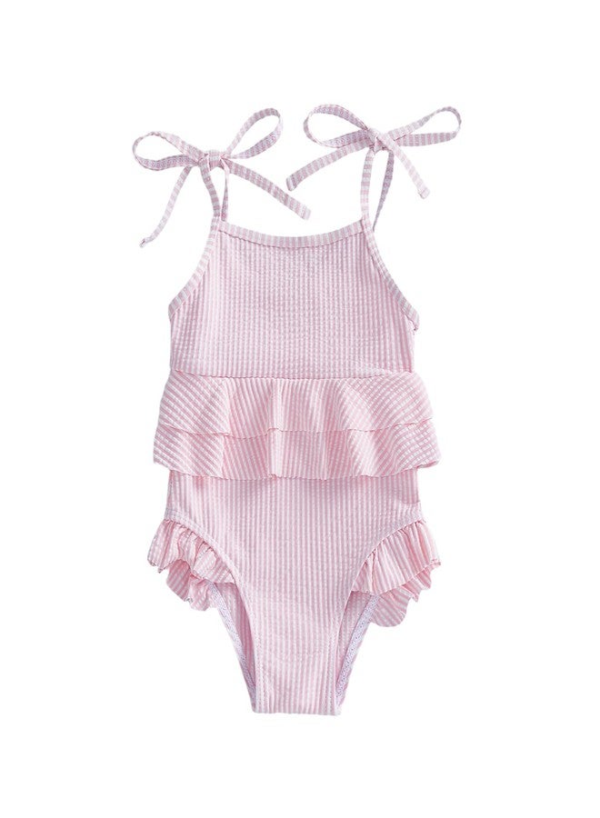 Multitrust Infant Baby Girl Stripe Swimsuit Sling Adjustable One Piece Bathing Suit Ruffled Toddler Girls Beach Swimwear (Pink, 2-3T) - Image 1