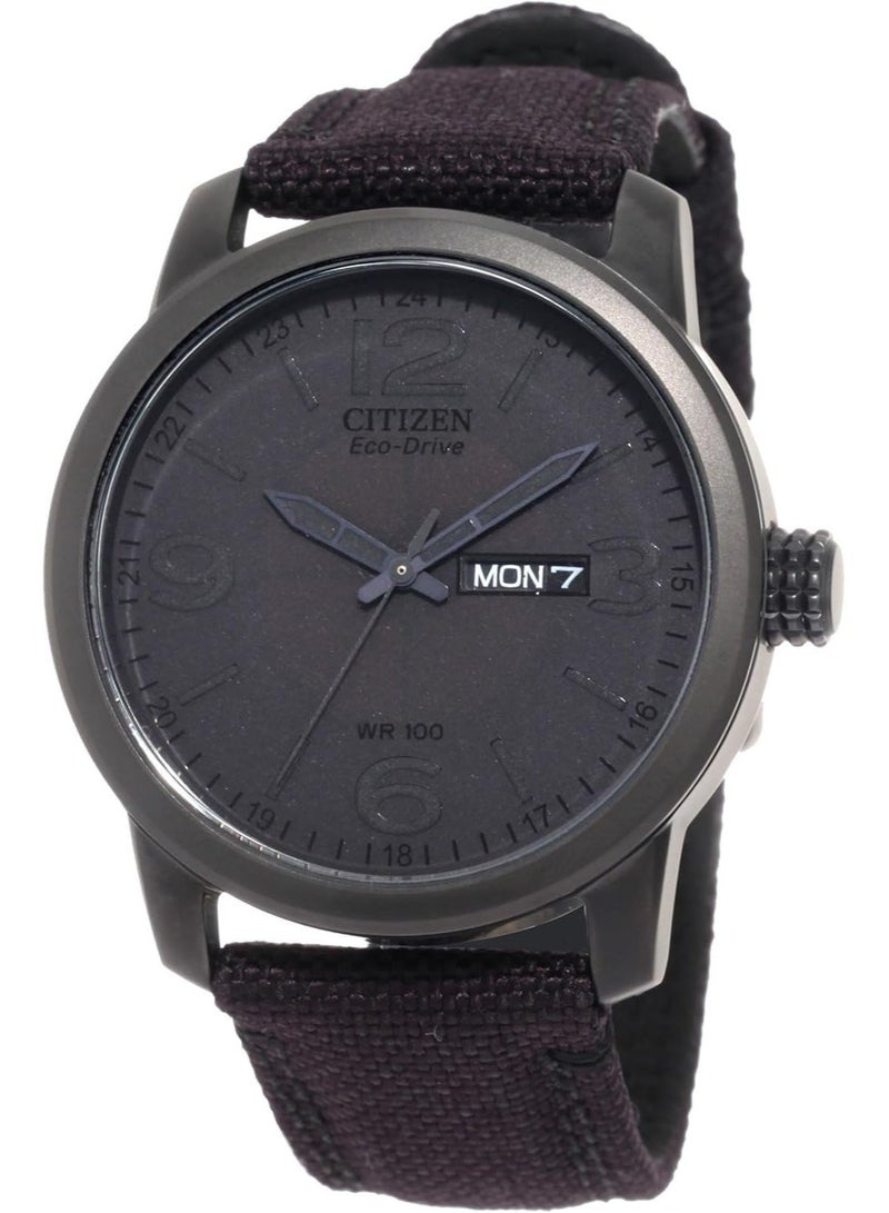 سيتيزن Eco-Drive Men’s Watch BM8475-00F, 42 mm Black Dial, Stainless Steel Case with Black Ion-Plating, Black Nylon Strap, Day/Date Display, 100 m WR - Image 1