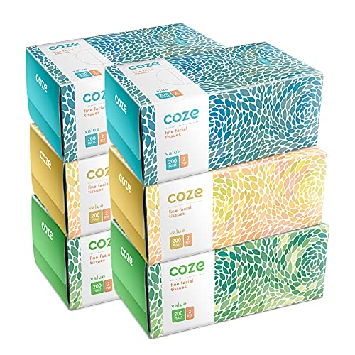 Coze Face Tissue Box (2 Ply, 200 Pulls) | Pack of 6 Assorted Coloured Boxes | 100% Skin-Safe, FDA Approved, OBA Free | Sleek Tissue Box for Car, Bathroom, Bedroom, Office | Car Tissue Paper Box - Image 1
