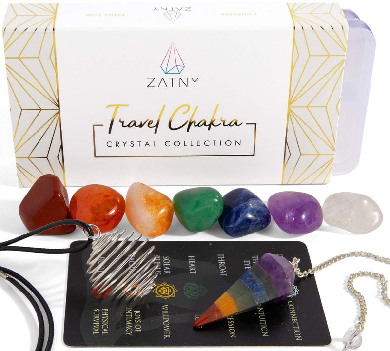 ZATNY Travel Chakra Crystals and Healing Stones Collection - 7 Chakra Set Tumbled Stones, Chakra Pendulum, Interchangeable Cage Necklace, Reference Card, Portable Case, Ebook - Image 1