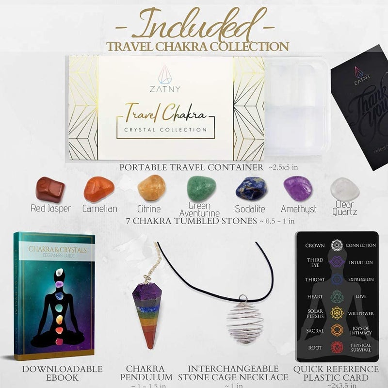 ZATNY Travel Chakra Crystals and Healing Stones Collection - 7 Chakra Set Tumbled Stones, Chakra Pendulum, Interchangeable Cage Necklace, Reference Card, Portable Case, Ebook - Image 5