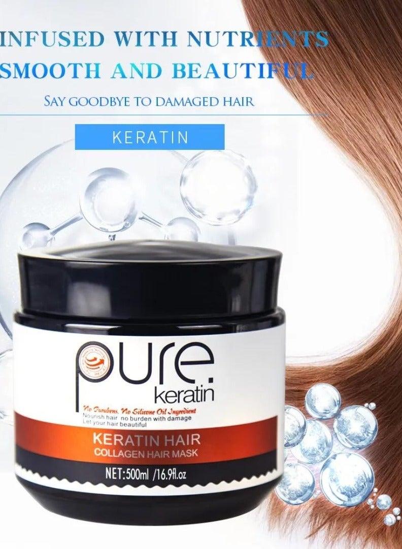 PURE قناع الشعر بالكيراتين والكولاجين 500 مل يغذي الشعر ويصلح الشعر التالف قناع شعر كيراتين، قناع شعر كولاجين مرطب مغذي - Image 2