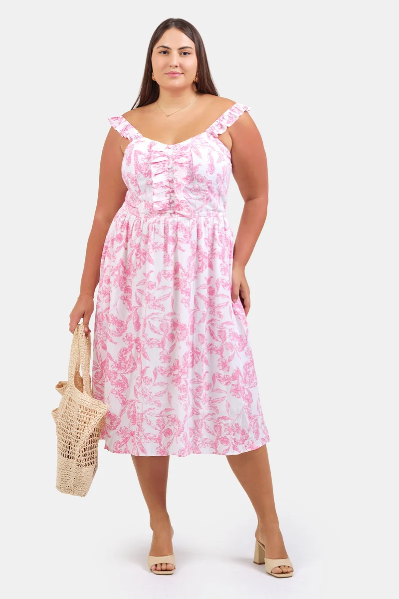 Virgio Floral Linen Floral Ruffle Midi Plus Size Dress for Women