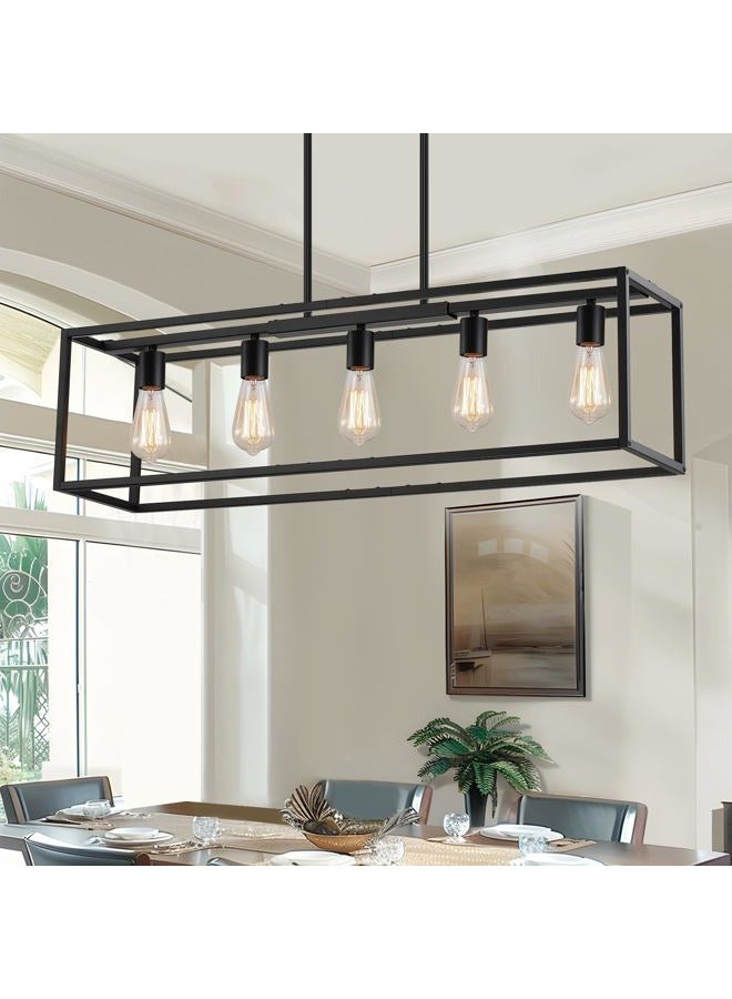 Yusist 5-Light Dining Room Light Fixture,Black Farmhouse Kitchen Island Lighting,Rustic Pendant Light Over Table with Adjustable Rods,Modern Linear Chandeliers for Dining Room Kitchen Island - Image 1