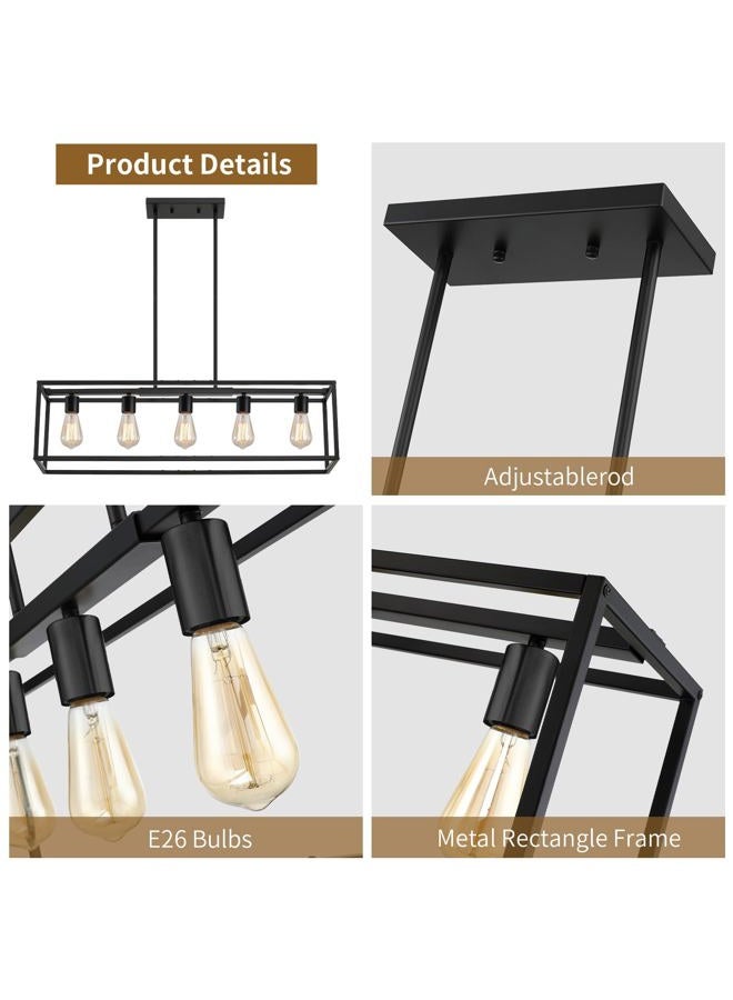 Yusist 5-Light Dining Room Light Fixture,Black Farmhouse Kitchen Island Lighting,Rustic Pendant Light Over Table with Adjustable Rods,Modern Linear Chandeliers for Dining Room Kitchen Island - Image 5