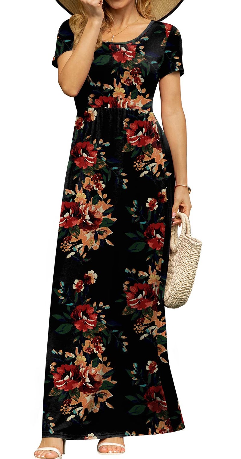 DB MOON Womens Casual Maxi Dresses Short Sleeve Empire Waist Long Dress for Beach with Pockets(Brown Floral Black, L) - Image 4