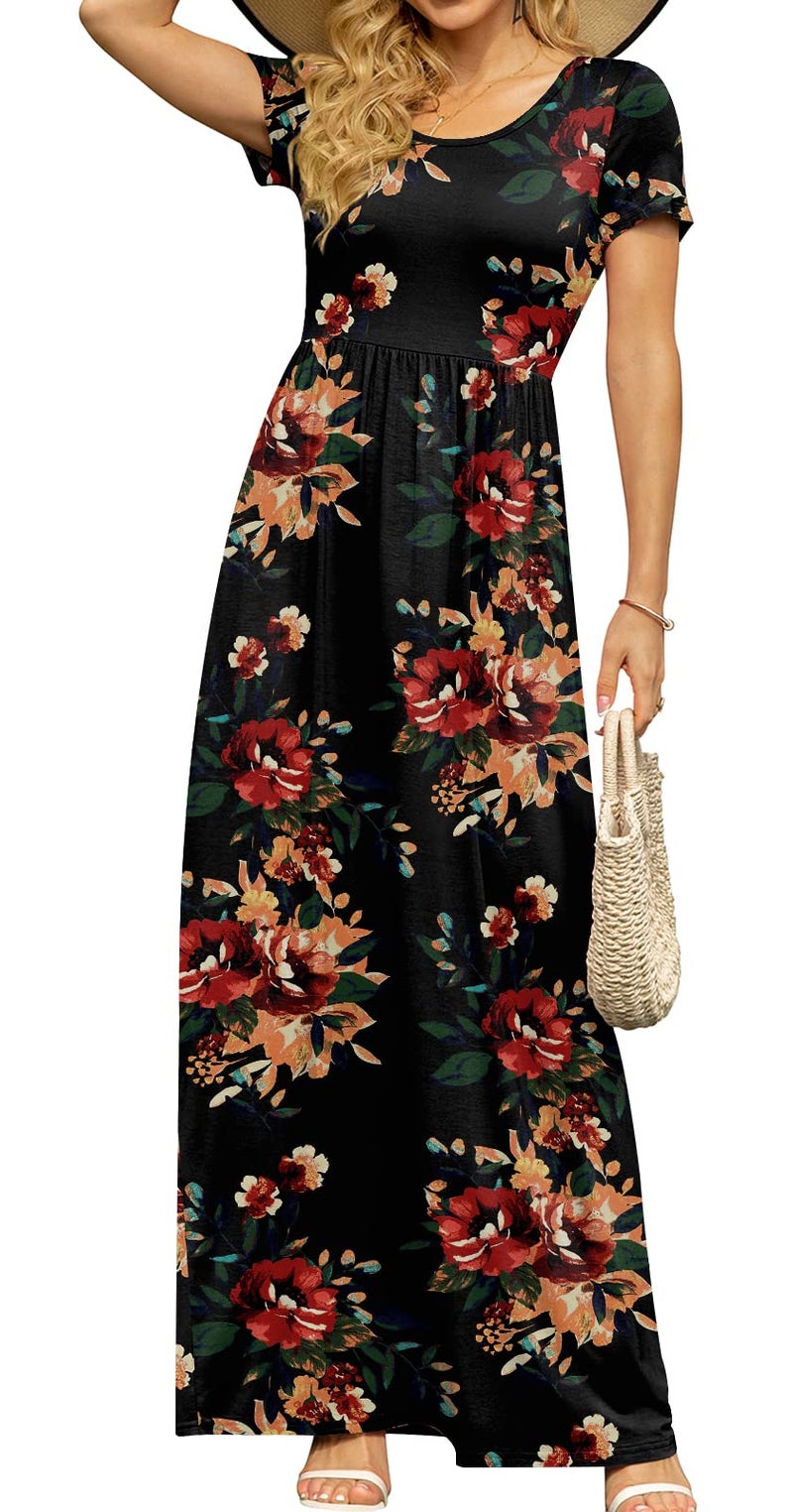 DB MOON Womens Casual Maxi Dresses Short Sleeve Empire Waist Long Dress for Beach with Pockets(Brown Floral Black, L) - Image 2