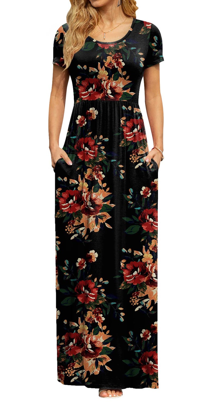 DB MOON Womens Casual Maxi Dresses Short Sleeve Empire Waist Long Dress for Beach with Pockets(Brown Floral Black, L) - Image 1