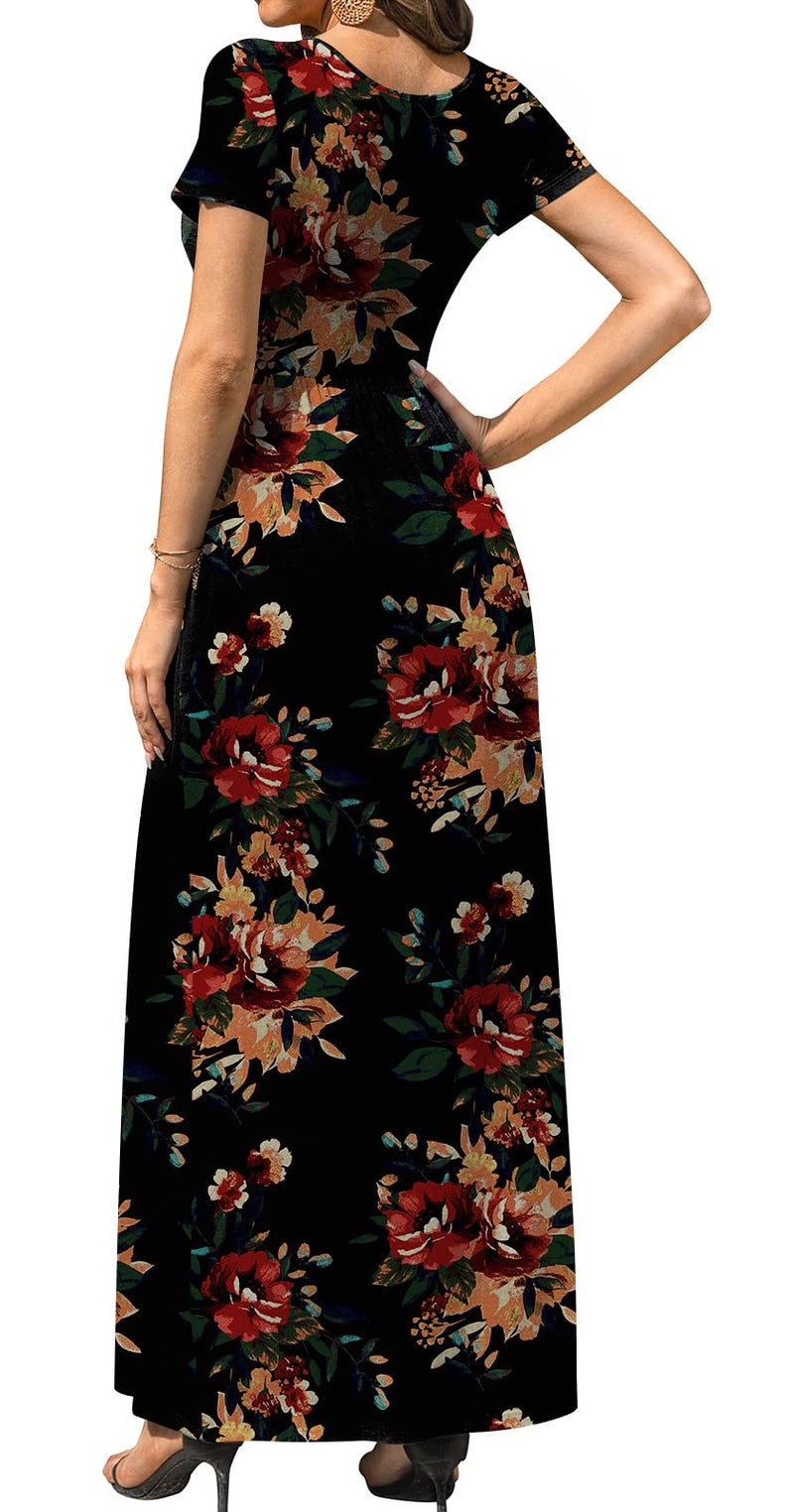 DB MOON Womens Casual Maxi Dresses Short Sleeve Empire Waist Long Dress for Beach with Pockets(Brown Floral Black, L) - Image 3