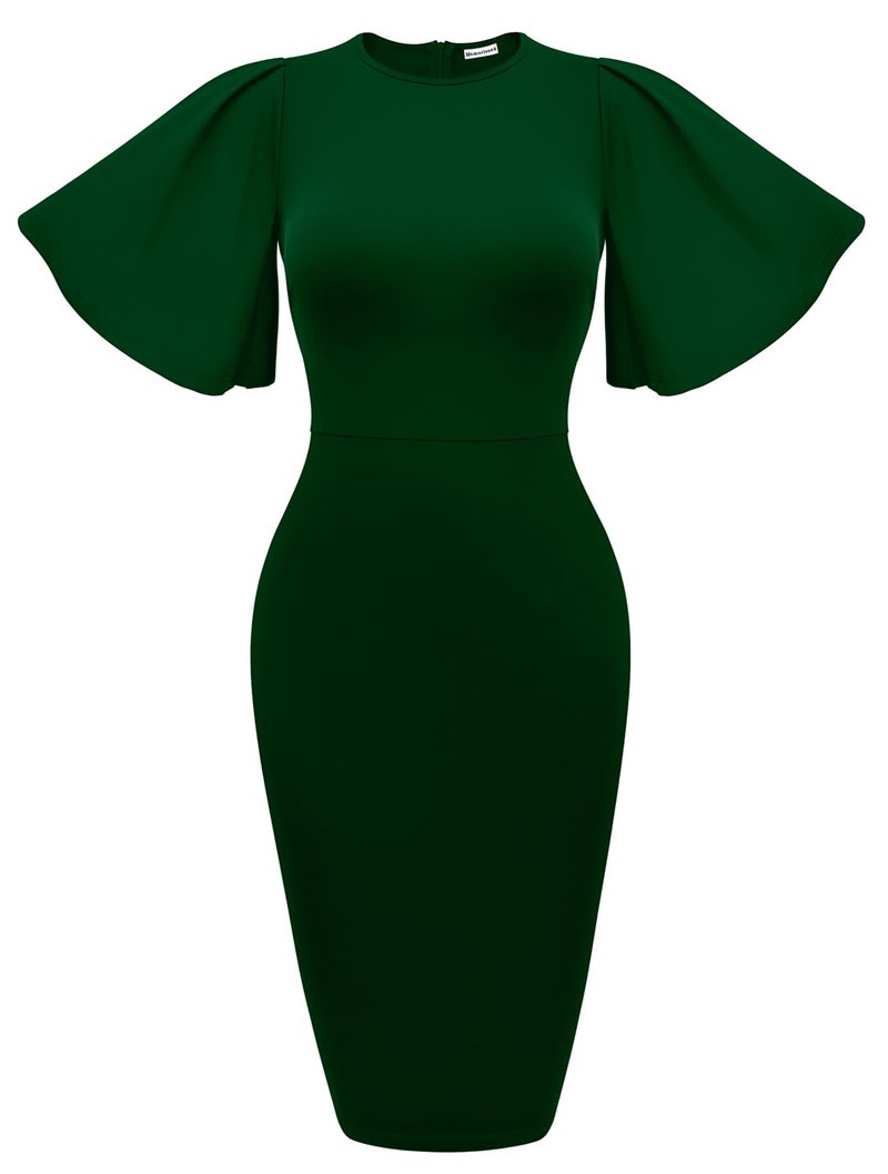 Memoriesea Women's Basic Bodycon Ruffle Flared Short Sleeve Pencil Midi Dress Green - Image 1