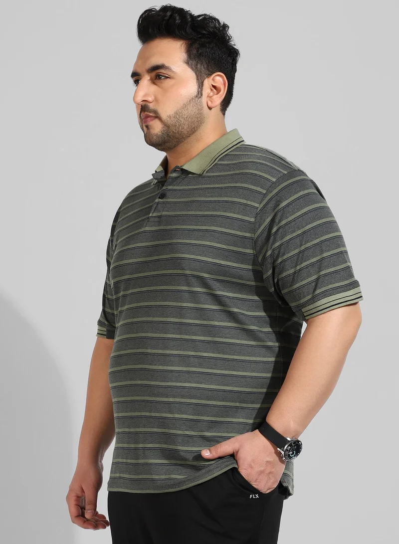 Instafab Plus Men's Grey Striped Regular Fit  Casual T-Shirt
