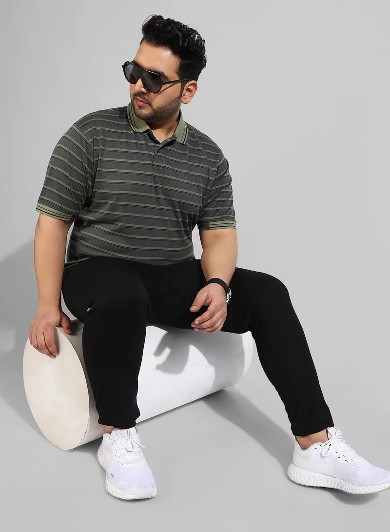 Instafab Plus Men's Grey Striped Regular Fit  Casual T-Shirt