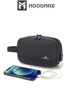 Waterproof handbag with a USB port and ample space for storage and a handle for carrying - made of waterproof fabric, suitable for carrying a mobile phone, cards, cosmetics, and personal items. Black