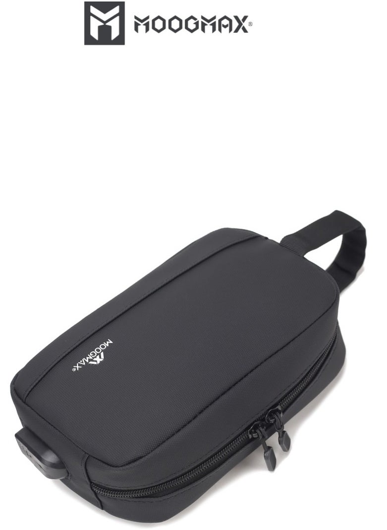 MOOGMAX - Waterproof handbag with a USB port and ample space for storage and a handle for carrying - made of waterproof fabric, suitable for carrying a mobile phone, cards, cosmetics, and personal items. Black - Image 1