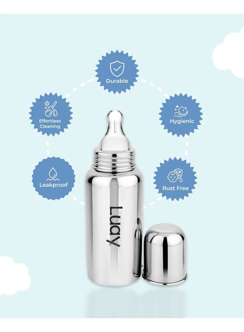 Luay 1 Bottle + 3 Nipples Luay Stainless Steel Baby Feeding Bottle 250 ml Includes 3 Extra Soft Silicone Nipples | BPA-Free & Plastic-Free Infant Milk Bottle | Anti-Colic Newborn & Baby Bottle  | Best Price UAE