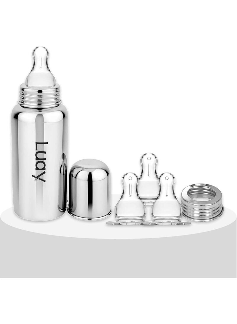 Luay Stainless Steel Baby Feeding Bottle 250 ml Includes 3 Extra Soft Silicone Nipples | BPA-Free & Plastic-Free Infant Milk Bottle | Anti-Colic Newborn & Baby Bottle - Image 1