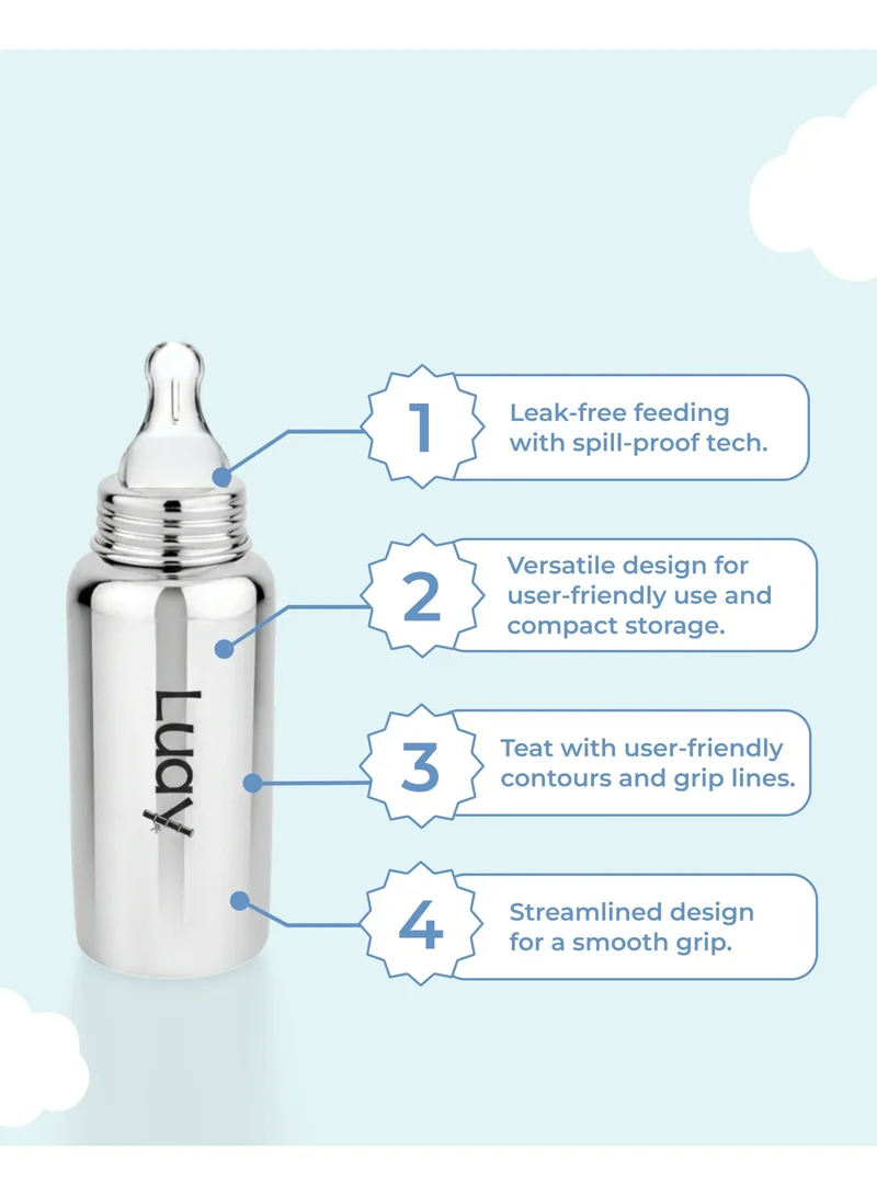 LUAY Luay Stainless Steel Baby Feeding Bottle 250 ml Includes 3 Extra Soft Silicone Nipples | BPA-Free & Plastic-Free Infant Milk Bottle | Anti-Colic Newborn & Baby Bottle