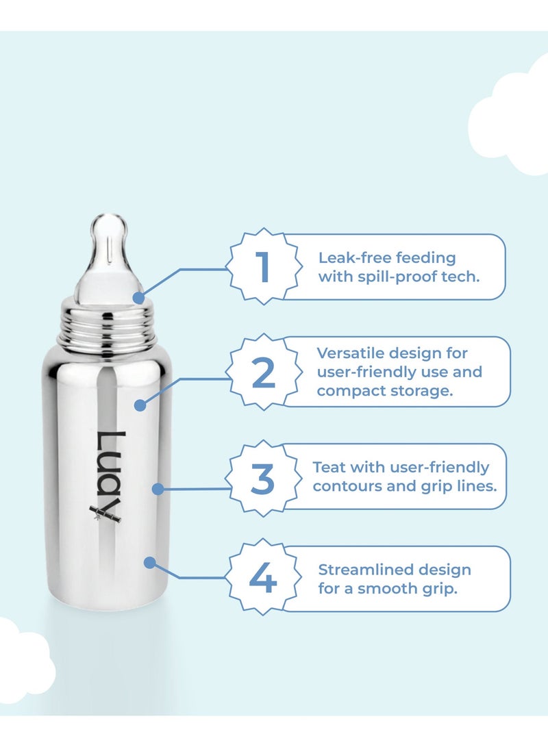 Luay Stainless Steel Baby Feeding Bottle 250 ml Includes 3 Extra Soft Silicone Nipples | BPA-Free & Plastic-Free Infant Milk Bottle | Anti-Colic Newborn & Baby Bottle - Image 2